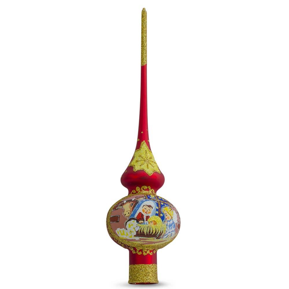 Angels Admire Jesus Nativity Scene Red Glass Christmas Tree Topper 11 Inches