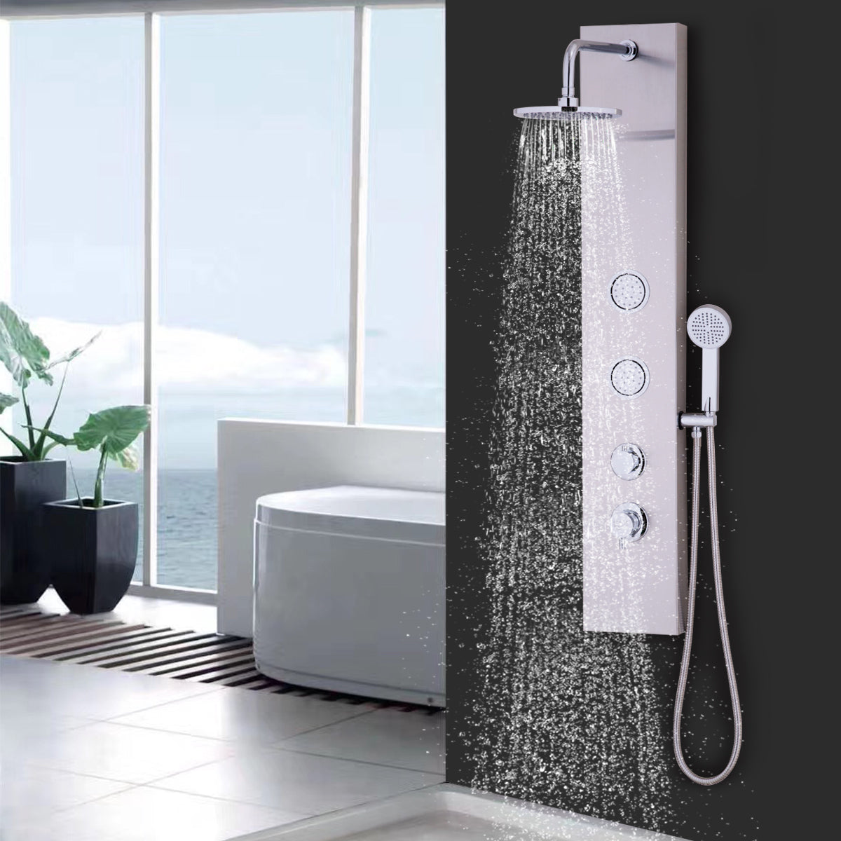 Panel de ducha de acero inoxidable de 47 pulgadas con jets de masaje y ducha de mano