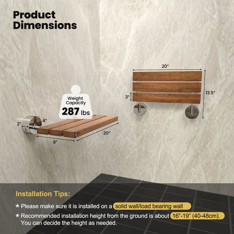 Asiento de ducha de teca plegable de pared de 20 pulgadas