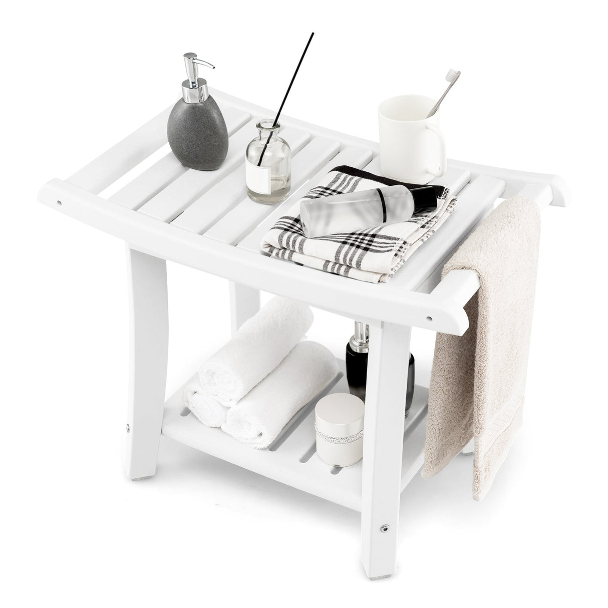 Waterproof Bath Stool with Curved Seat and Storage Shelf