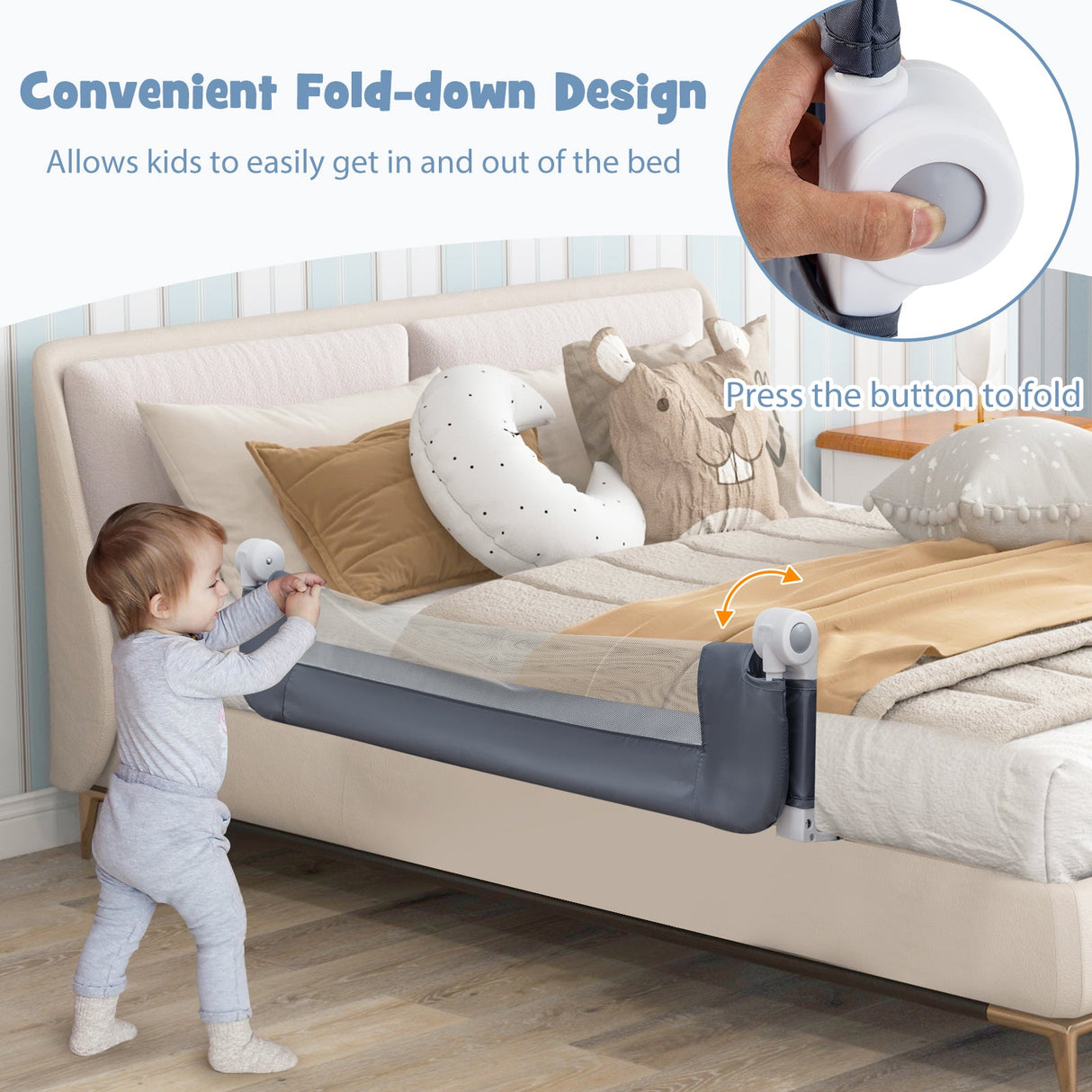 Barandilla de cama plegable, barrera de seguridad para bebés que se abate