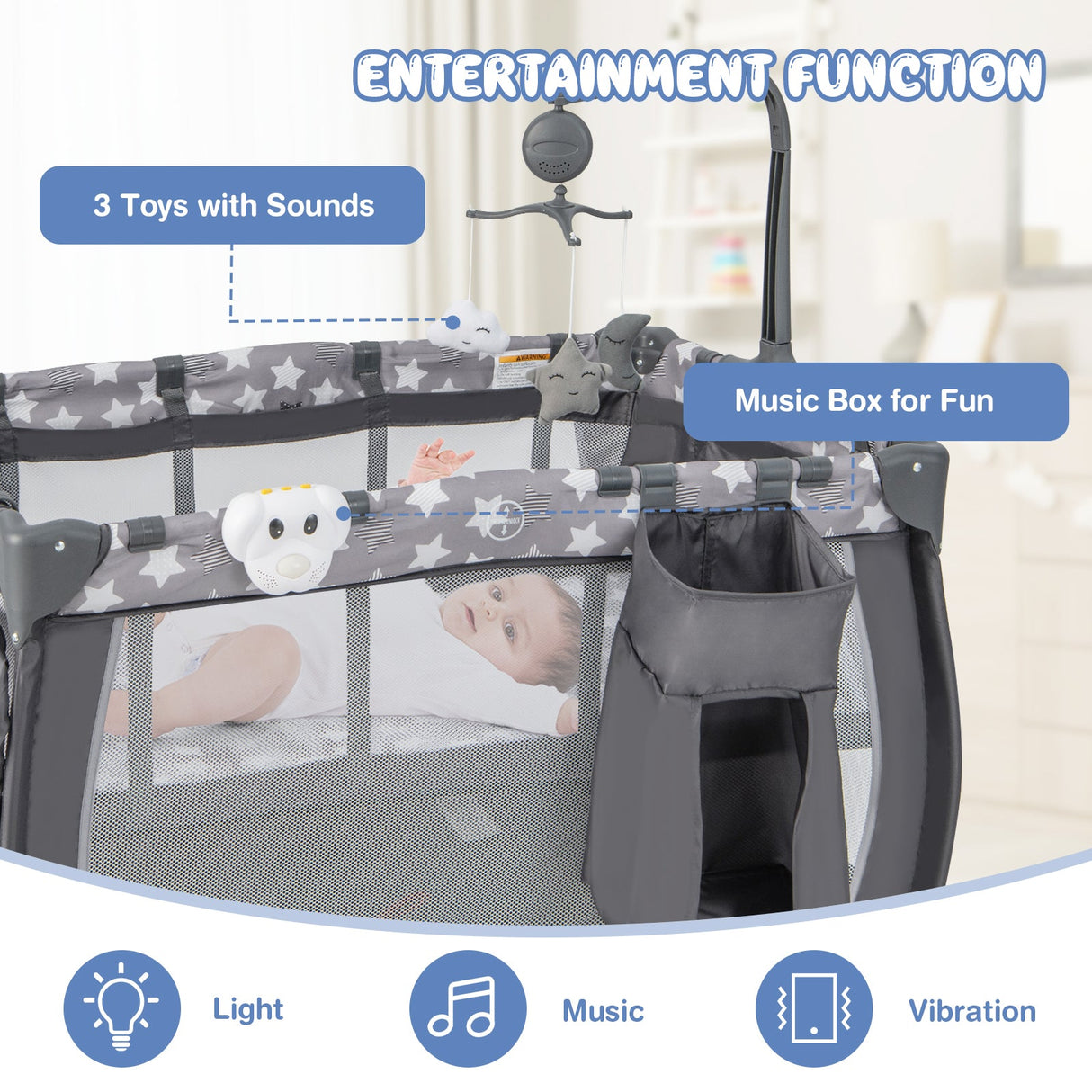 Parque de juegos portátil para bebés con cambiador, moisés y caja de música