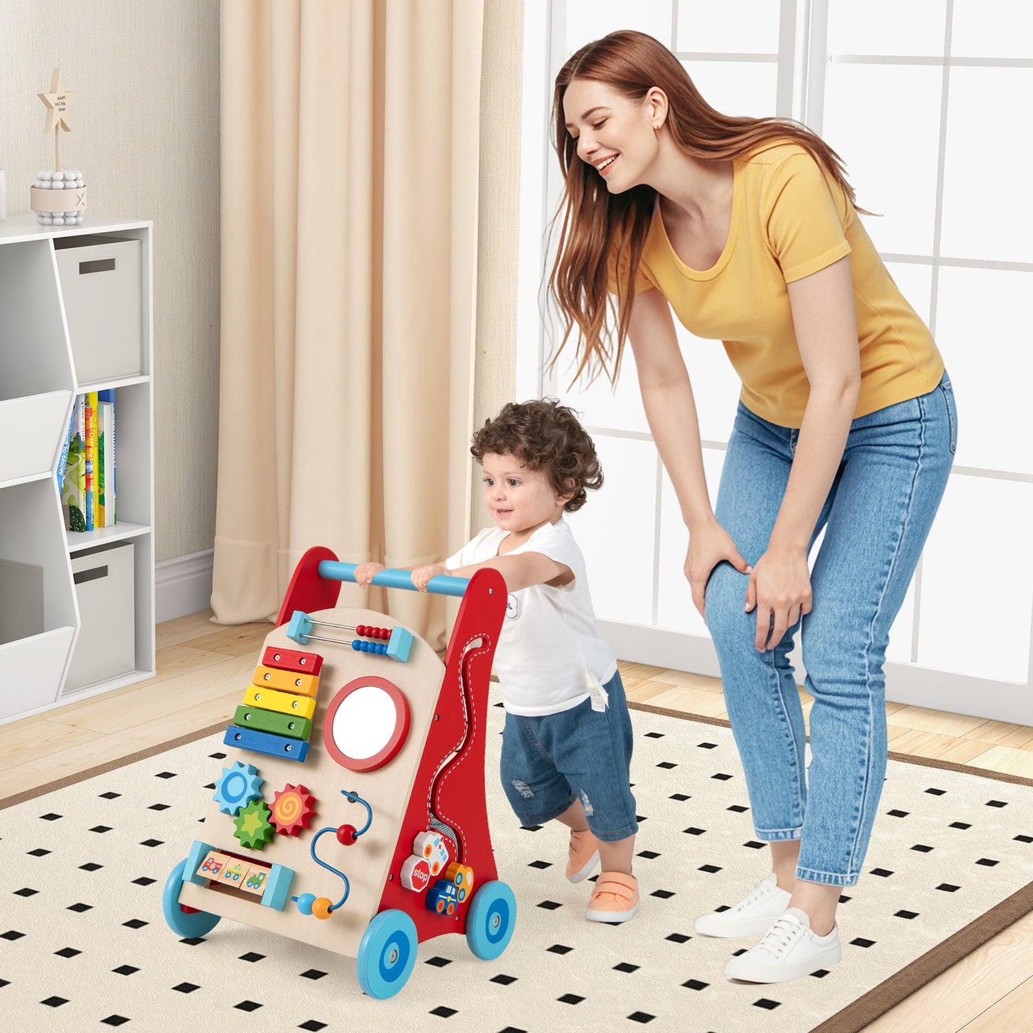 Andador para bebés con mango y ruedas para niños y niñas mayores de 3 años - Multicolor