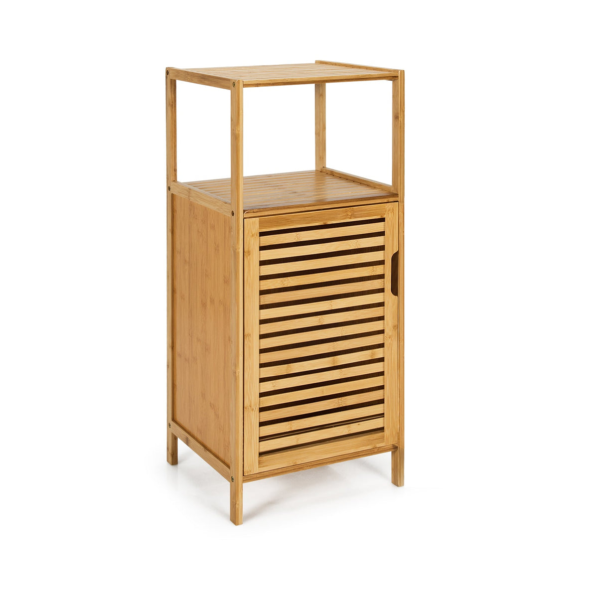 Mueble de almacenamiento de baño de bambú con puerta y estante, esquinero