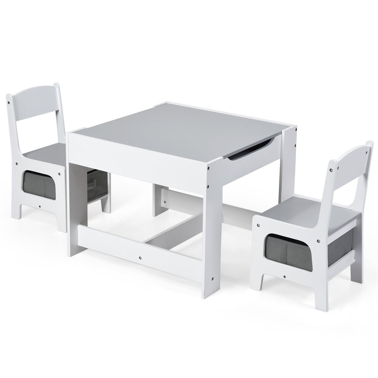 Juego de mesa y sillas para niños con cajas de almacenamiento, pizarra y tablero de dibujo.