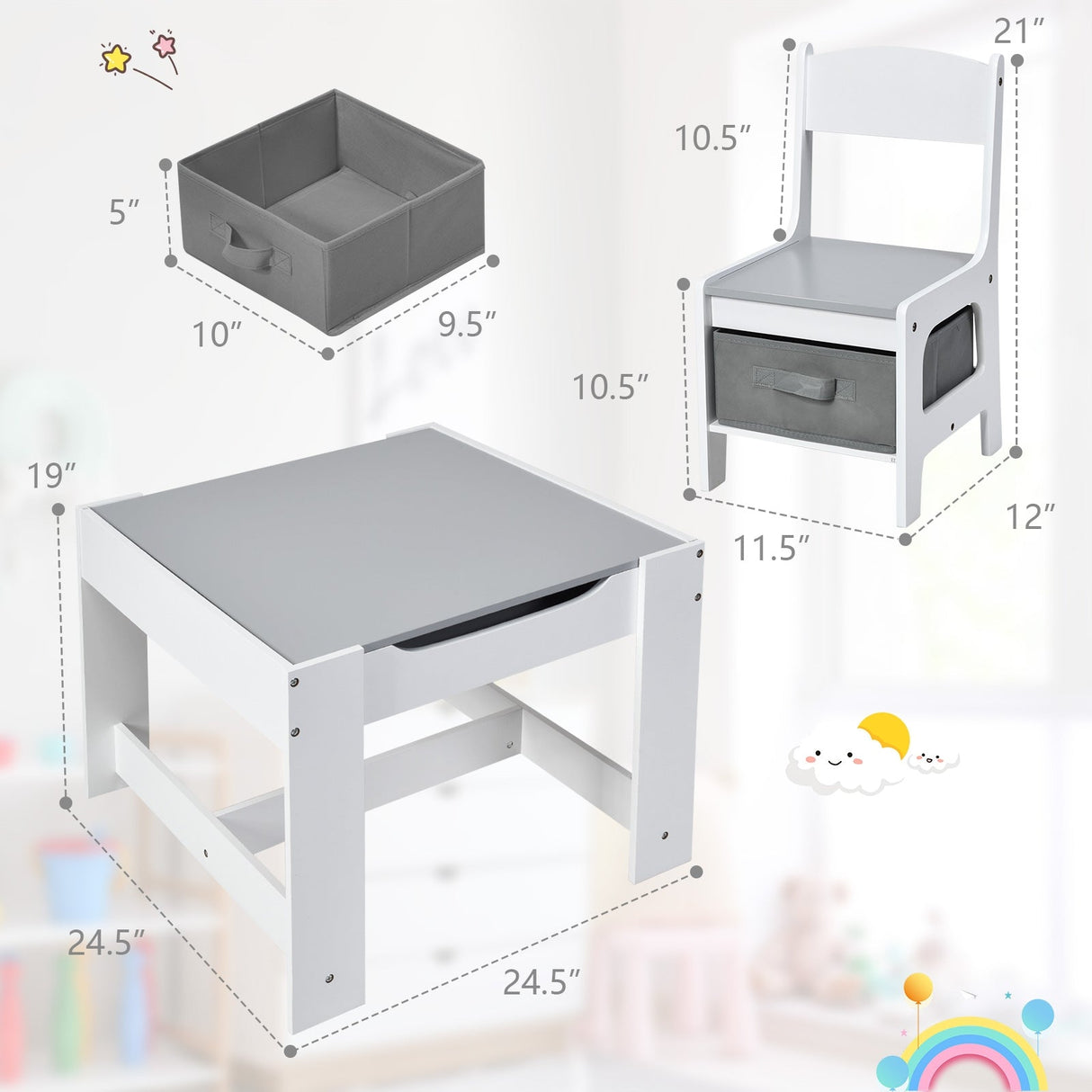 Juego de mesa y sillas para niños con cajas de almacenamiento, pizarra y tablero de dibujo.