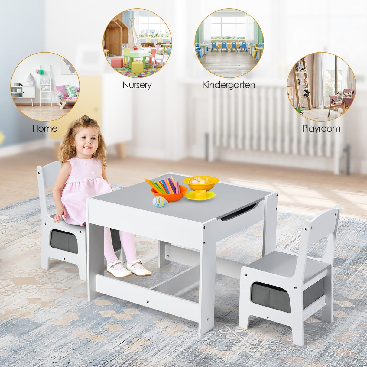 Juego de mesa y sillas para niños con cajas de almacenamiento, pizarra y tablero de dibujo.
