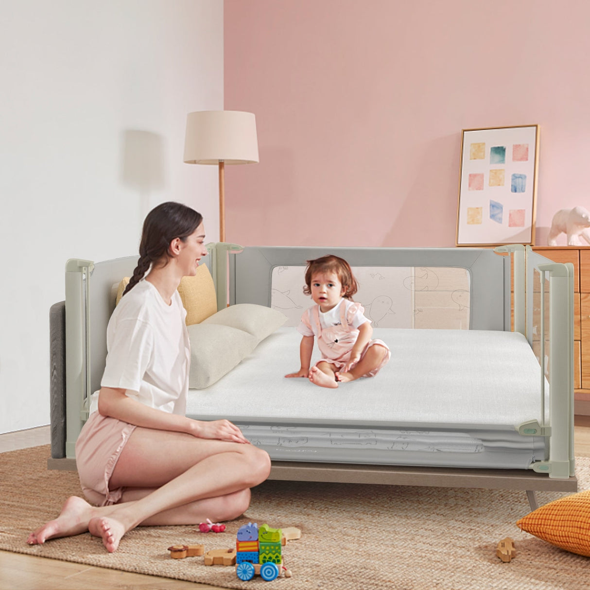 Barandilla protectora de cama para niños pequeños con altura ajustable y cierre de seguridad