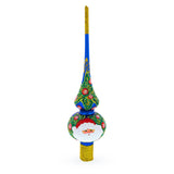 Santa and Mistletoe Wreath on Blue Glass Christmas Tree Topper 11 Inches