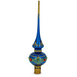 Blue and Gold with Ornate Glitter Geometrical Glass Christmas Tree Topper 11 Inches