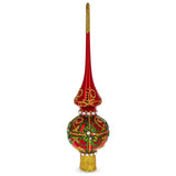 Green & Gold Glitter with Pearls Glossy Red Glass Christmas Tree Topper 11 Inches