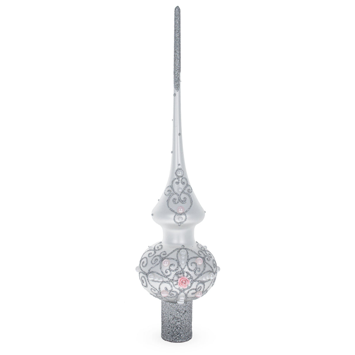 Pink Roses and Pearls on Silver Glass Christmas Tree Topper 11 Inches