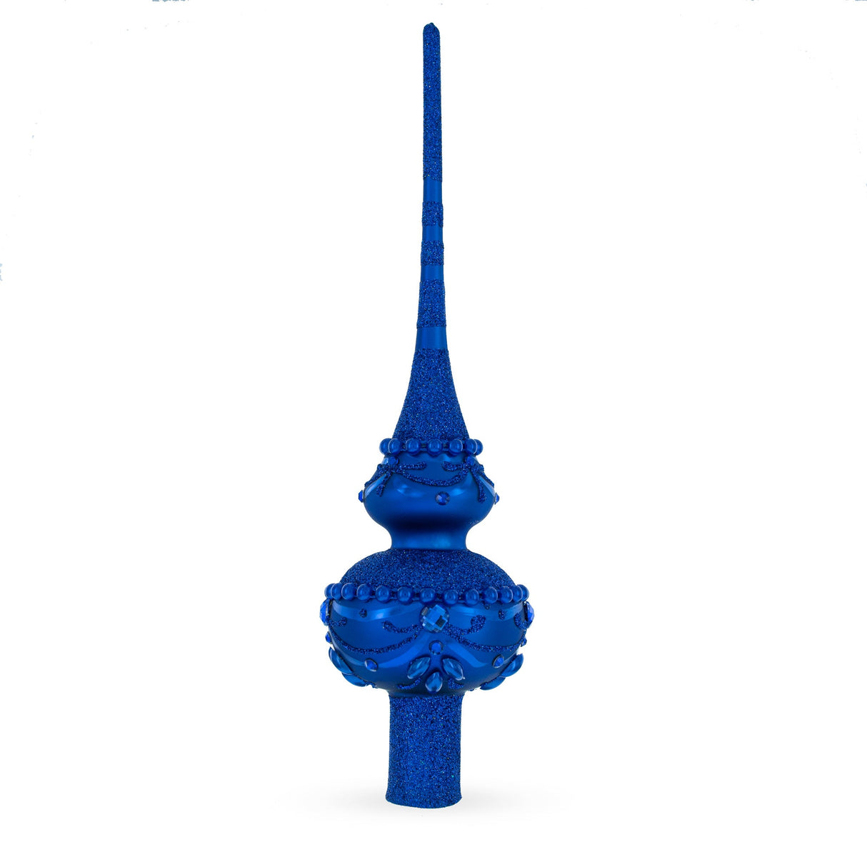 Dimensional Blue Jewels Chandelier on Red Glass Christmas Tree Topper 11 Inches
