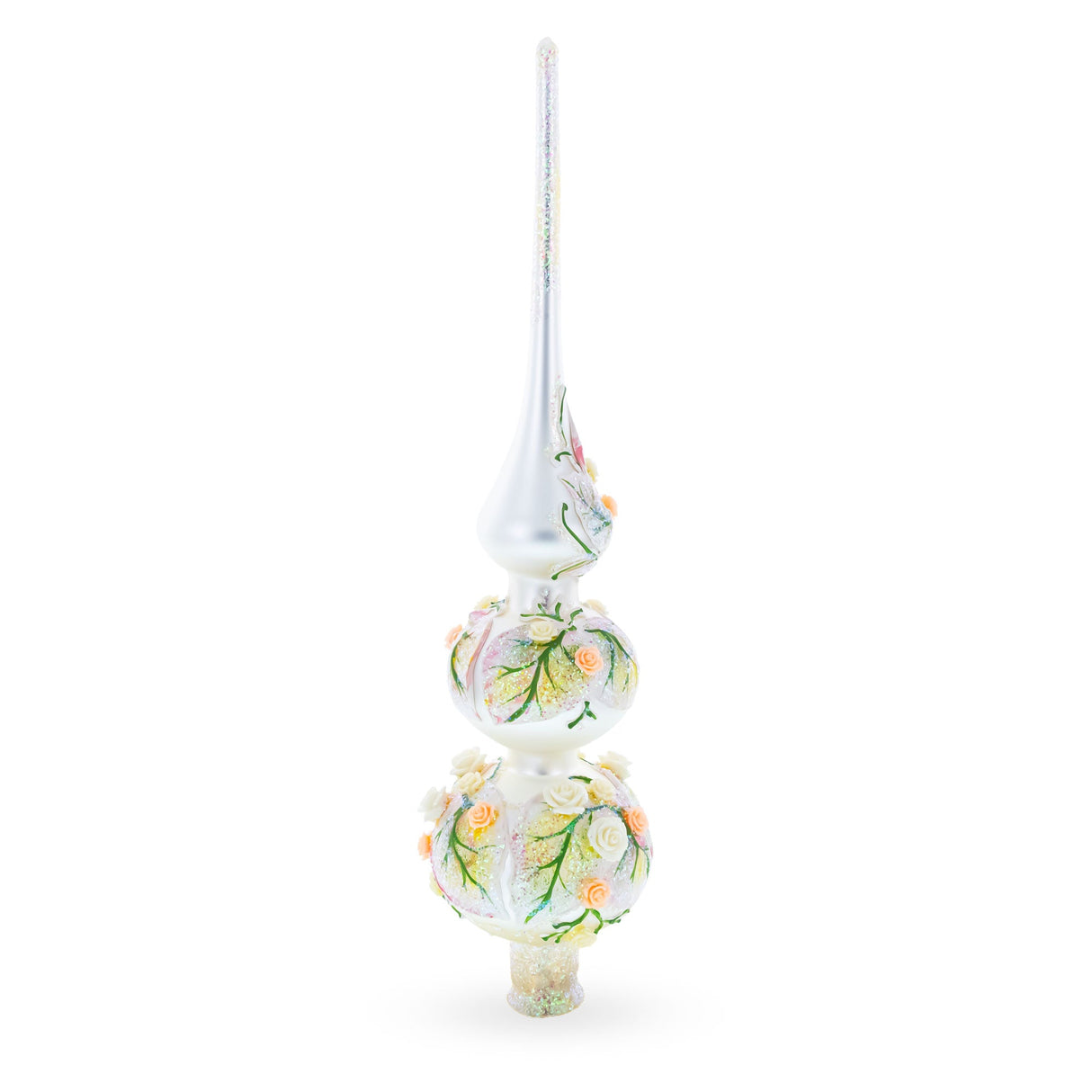 Pink and White Roses Bouquet on Double Ball Glass Christmas Tree Topper 12.5 Inches