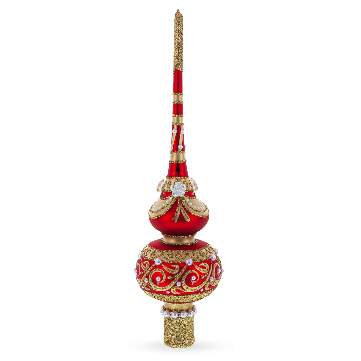 Dimensional Roses and Pearls on Golden Scroll Glass Christmas Tree Topper 11 Inches