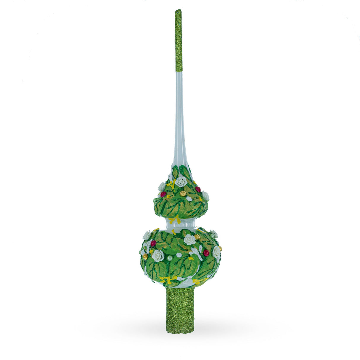 Dimensional White Roses on Green Leaves Glass Christmas Tree Topper 11 Inches