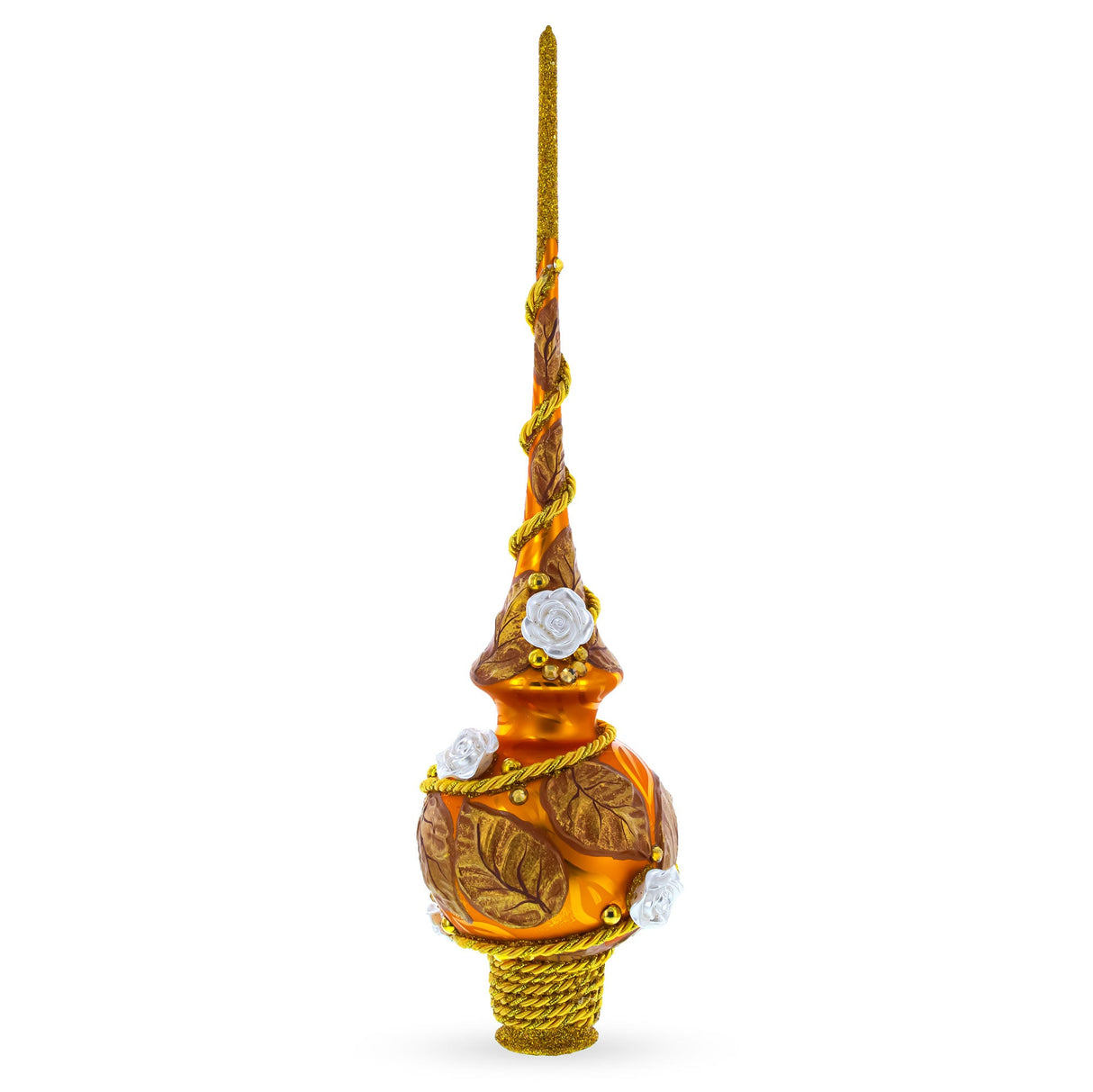 White Roses with Golden Leaves on Gold Glass Christmas Tree Topper 11 Inches