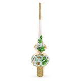 White Flowers Bouquet on Beige Glass Christmas Tree Topper 11 Inches