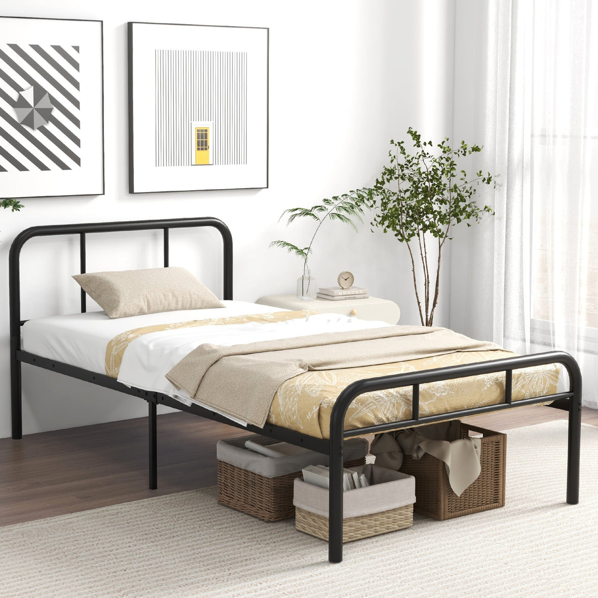Estructura de cama moderna de metal con cabecero y piecero curvos, tamaño Twin