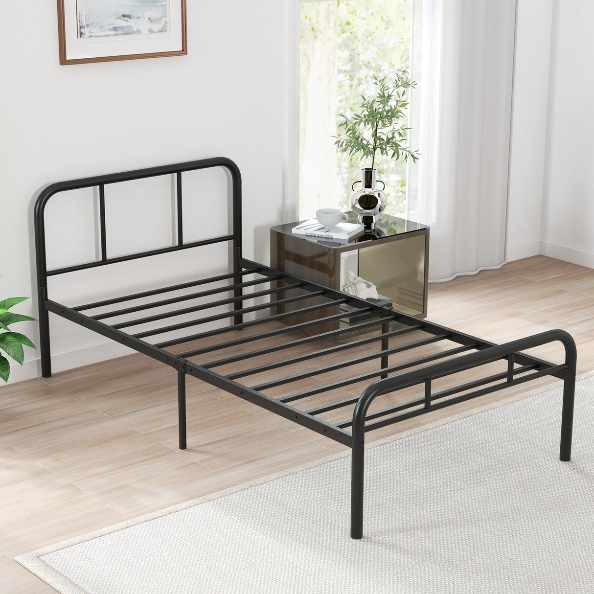 Estructura de cama moderna de metal con cabecero y piecero curvos, tamaño Twin
