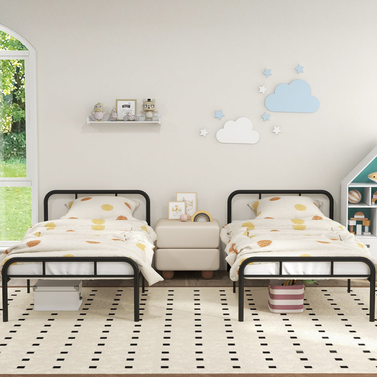 Estructura de cama moderna de metal con cabecero y piecero curvos, tamaño Twin