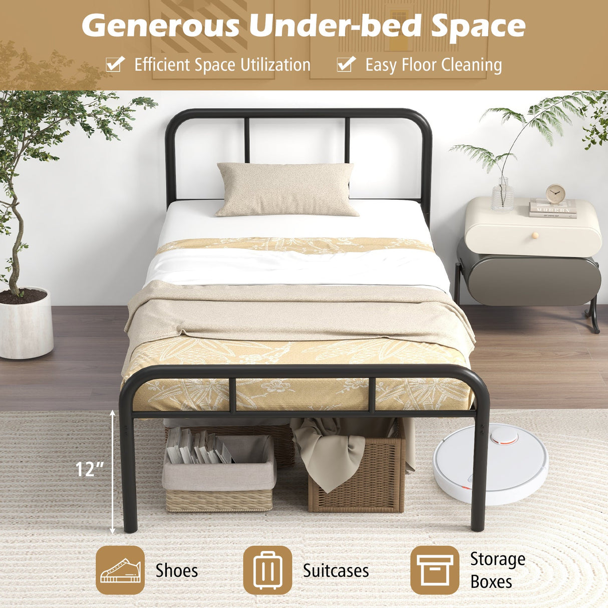 Estructura de cama moderna de metal con cabecero y piecero curvos, tamaño Twin
