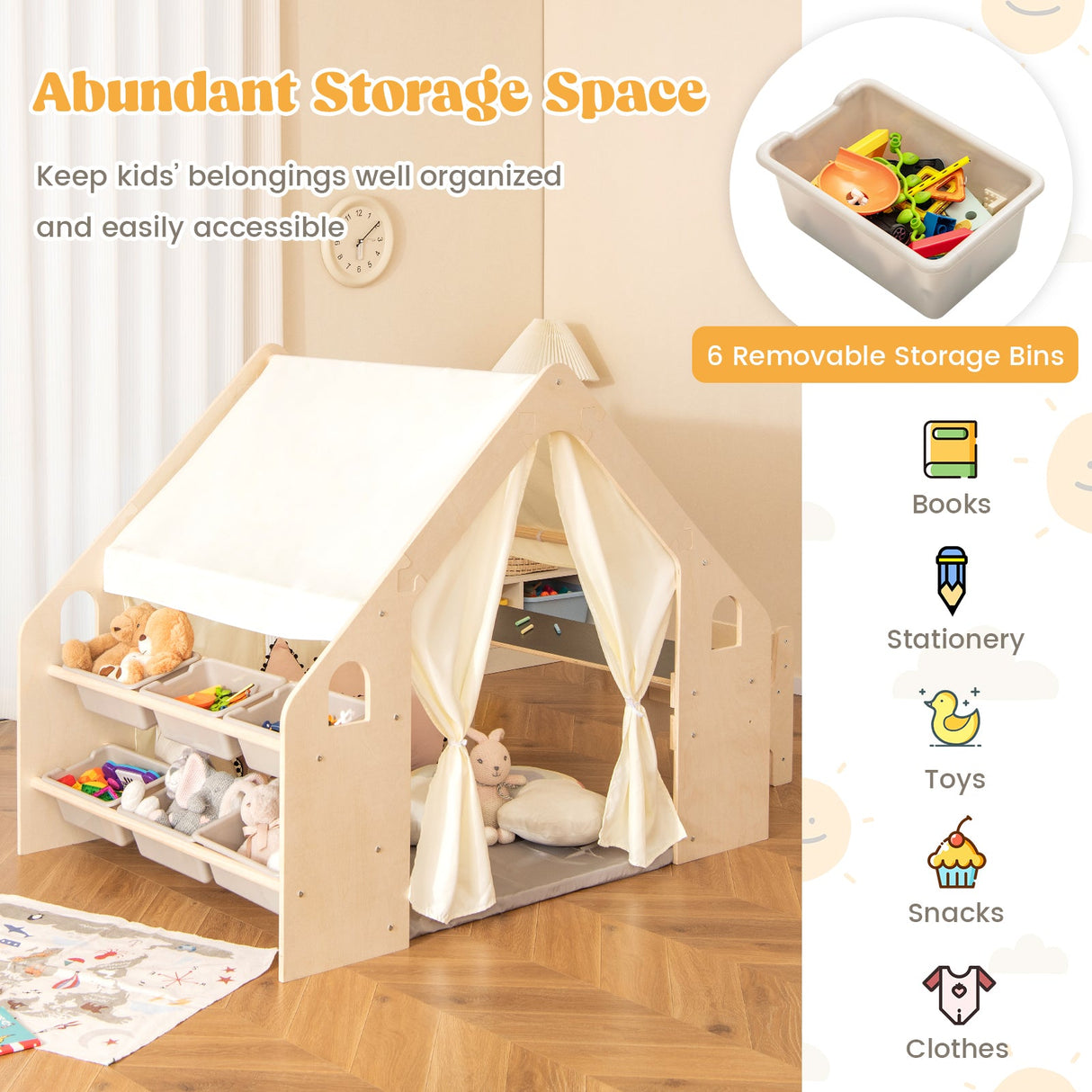 Carpa de juegos 6 en 1 para niños con pizarra, 6 contenedores de almacenamiento y cojín de suelo - Beige