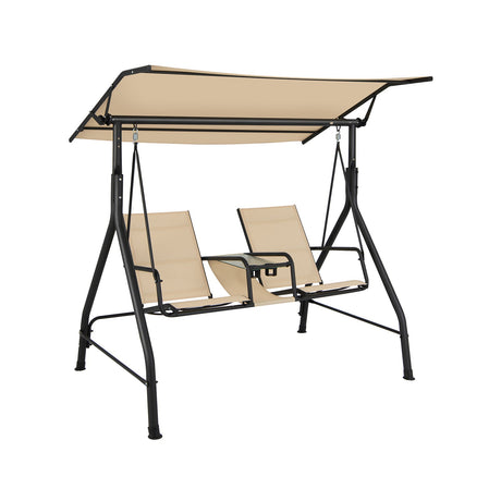 Columpio de Porche Acolchado de 2 Plazas con Toldo Ajustable y Mesa de Cristal Templado - Beige