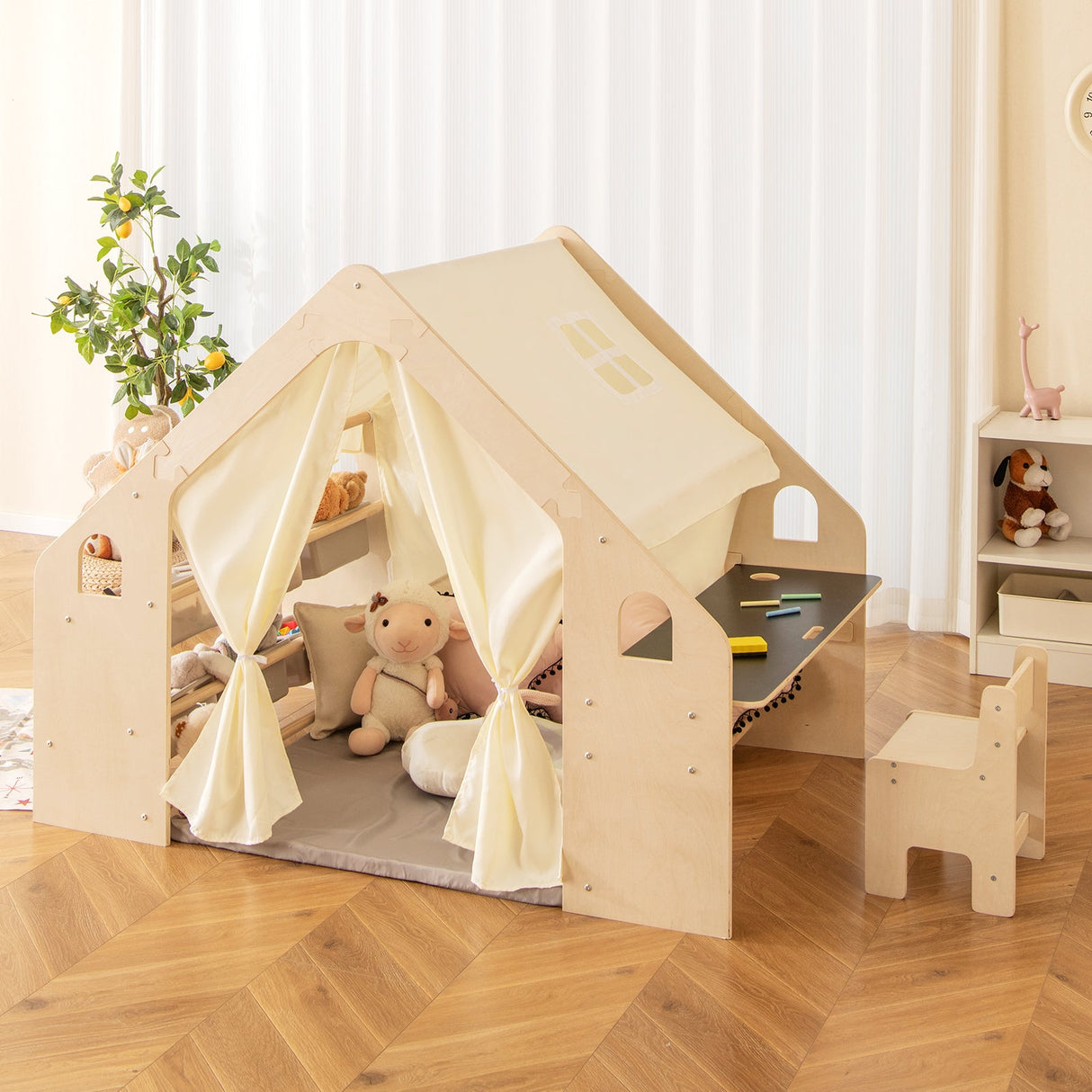 Carpa de juegos 6 en 1 para niños con pizarra, 6 contenedores de almacenamiento y cojín de suelo - Beige