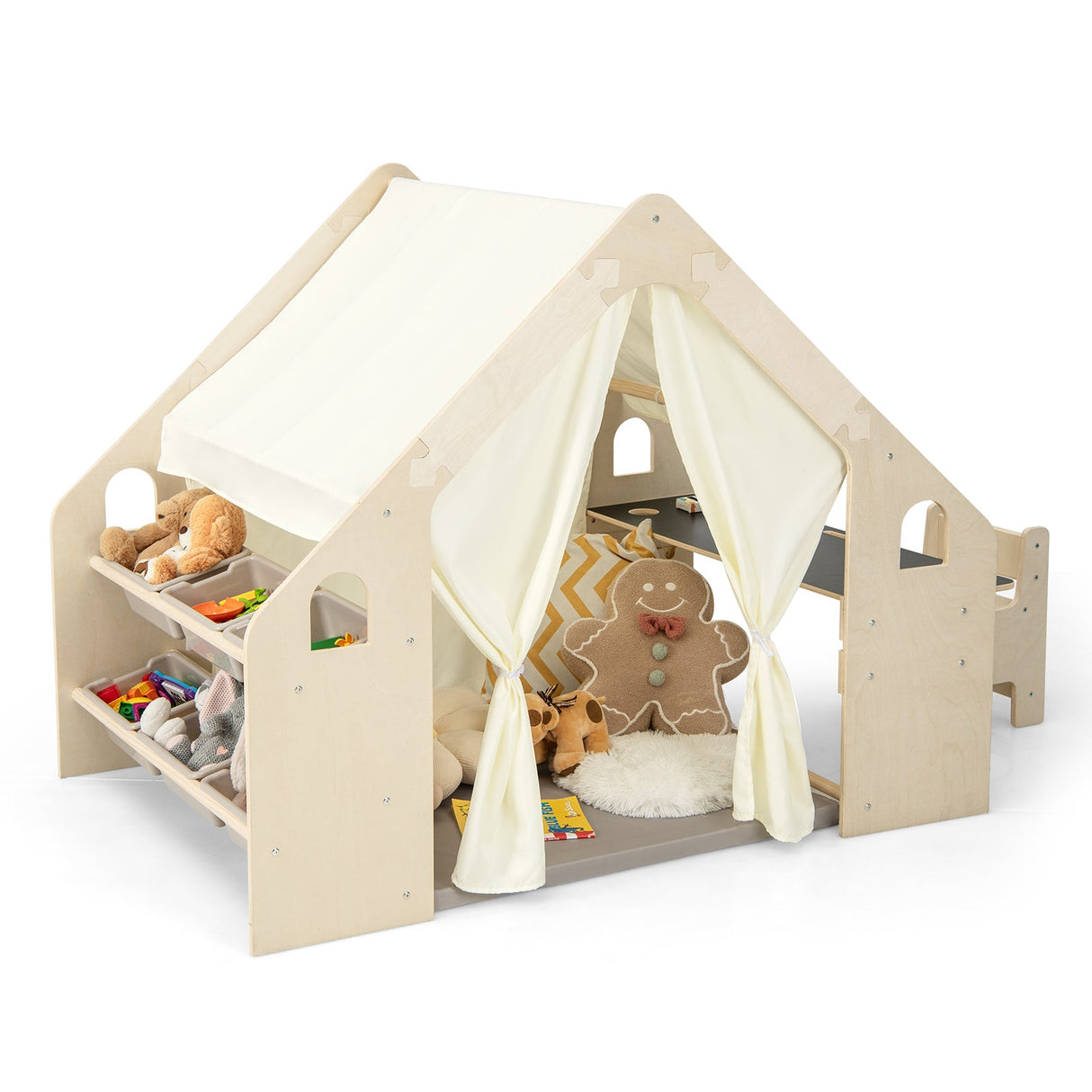 Carpa de juegos 6 en 1 para niños con pizarra, 6 contenedores de almacenamiento y cojín de suelo - Beige