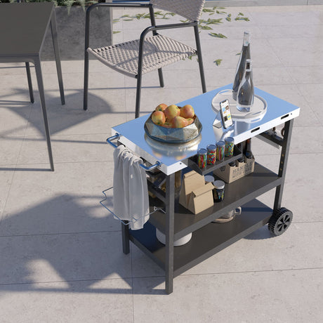 Carrito exterior plegable de 3 niveles con 2 ruedas y soporte para teléfono-Negro