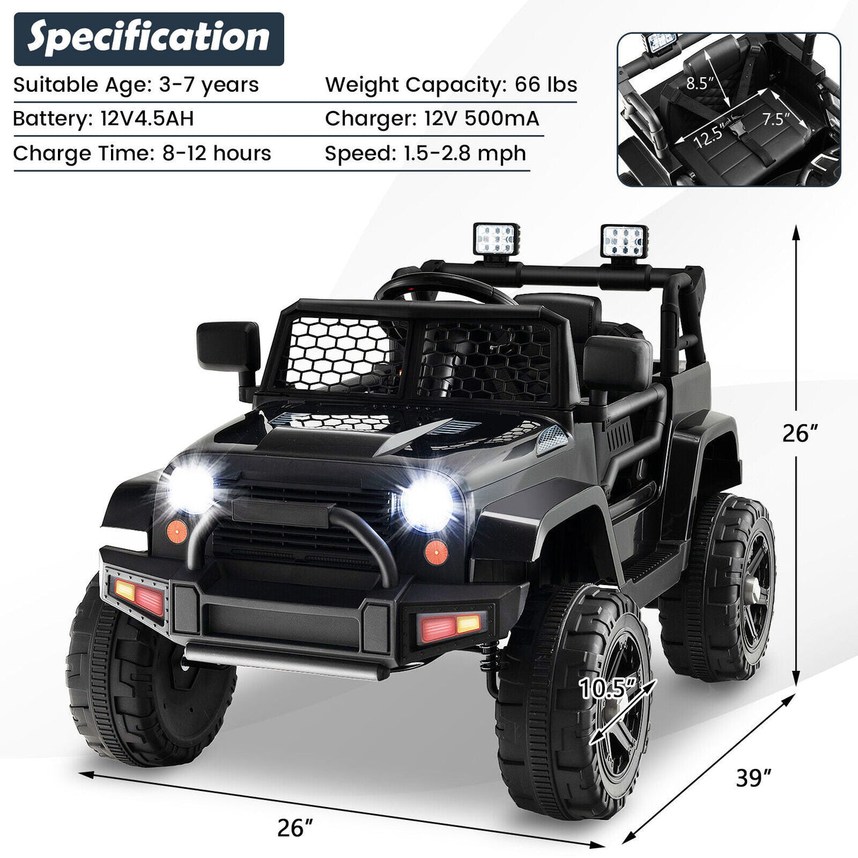 Camioneta de 12 V para niños con control remoto y faros