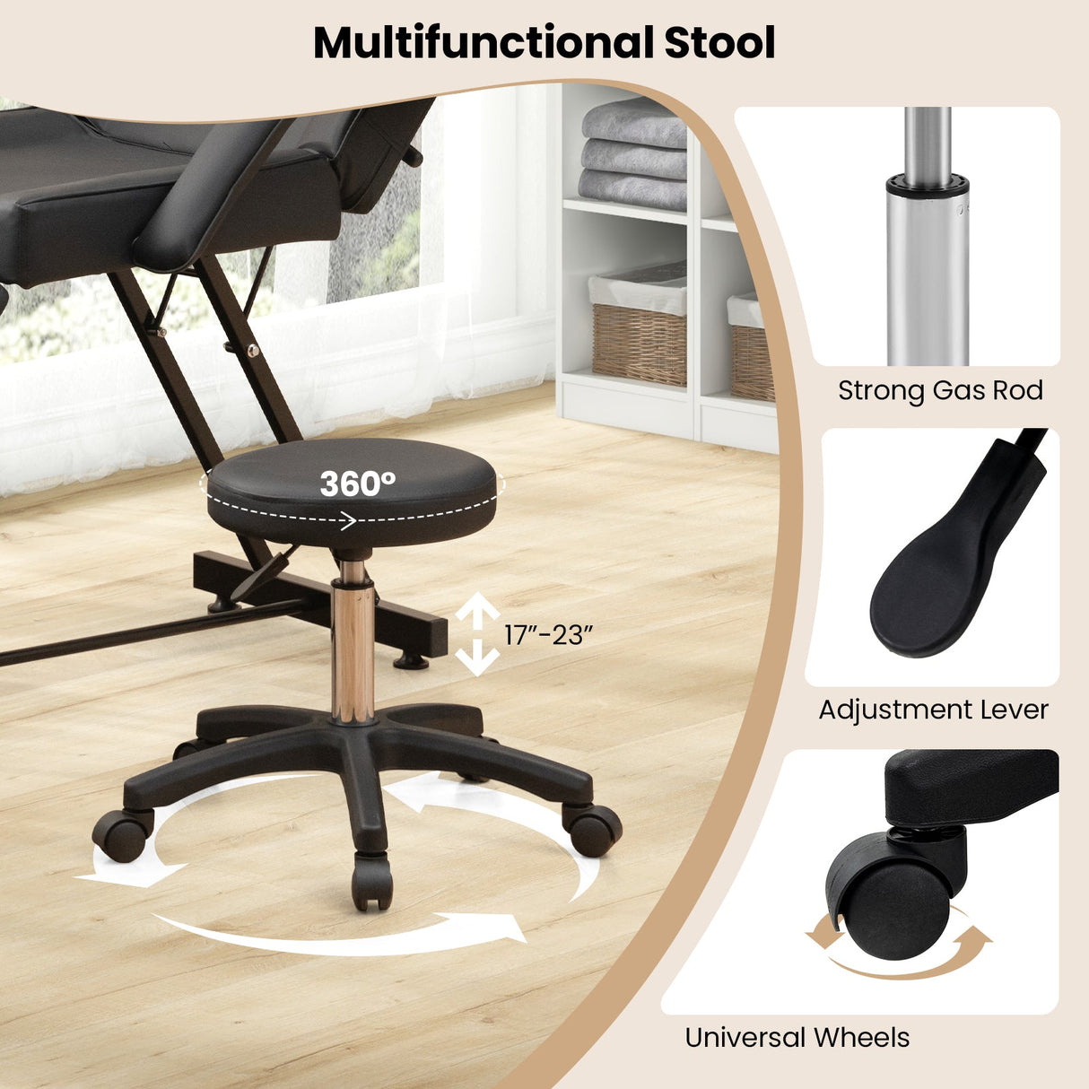 Juego de silla facial de 73 pulgadas con reposacabezas extraíble, reposabrazos desmontables y toallero - Negro