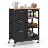 Kitchen Island Cart on Wheels with Rubber Wood Top and 3 Drawersand Removable Tray