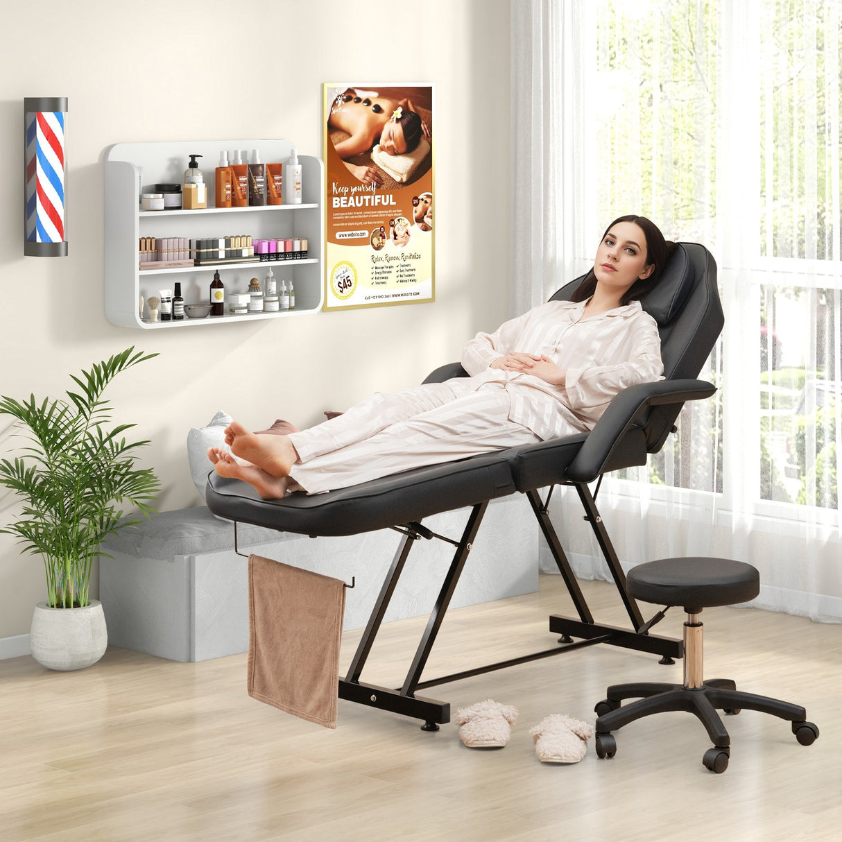 Juego de silla facial de 73 pulgadas con reposacabezas extraíble, reposabrazos desmontables y toallero - Negro
