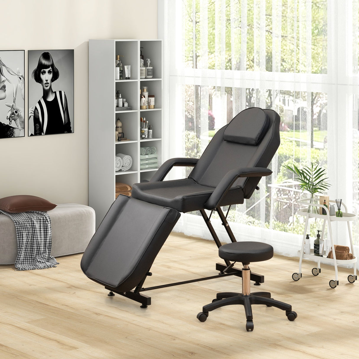 Juego de silla facial de 73 pulgadas con reposacabezas extraíble, reposabrazos desmontables y toallero - Negro