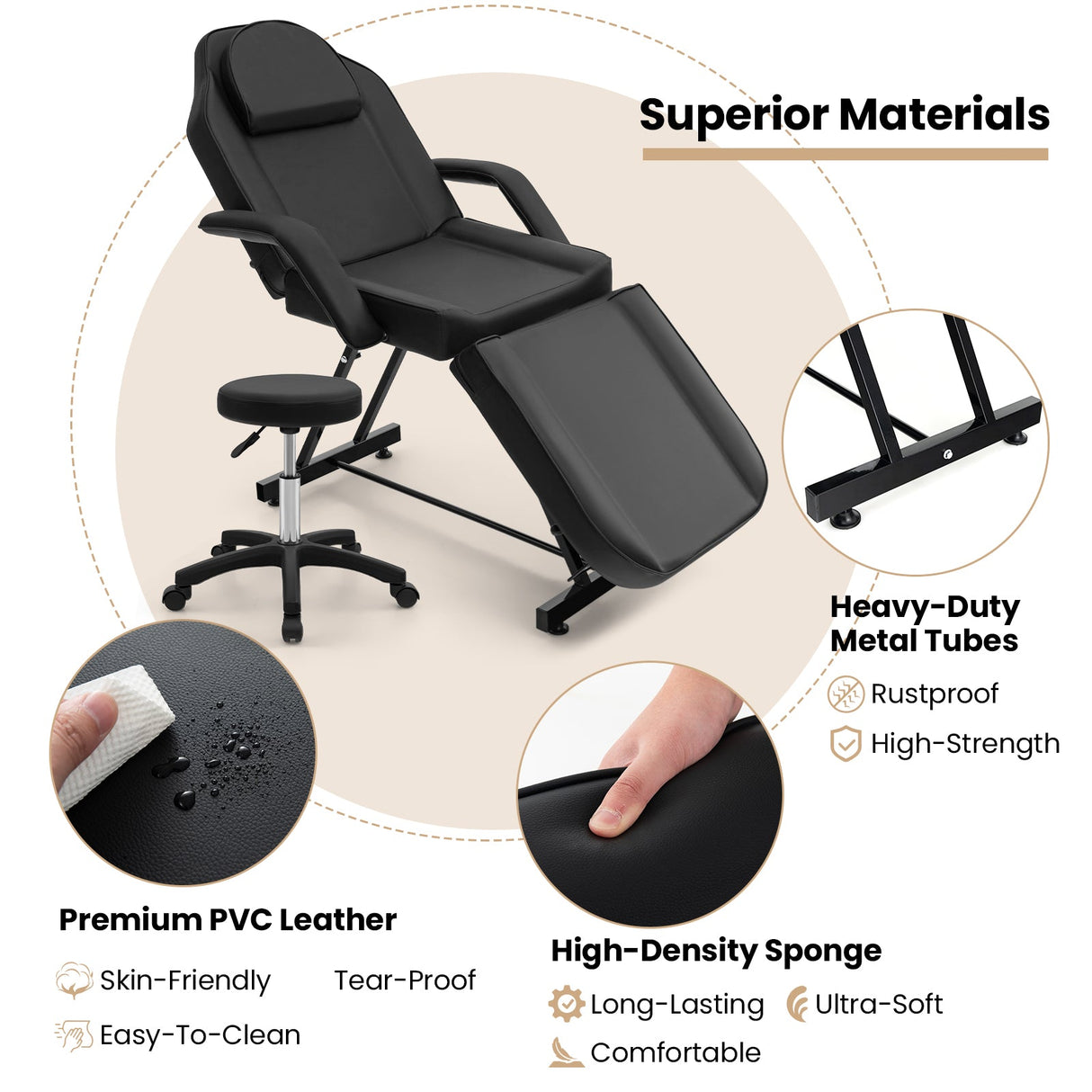 Juego de silla facial de 73 pulgadas con reposacabezas extraíble, reposabrazos desmontables y toallero - Negro