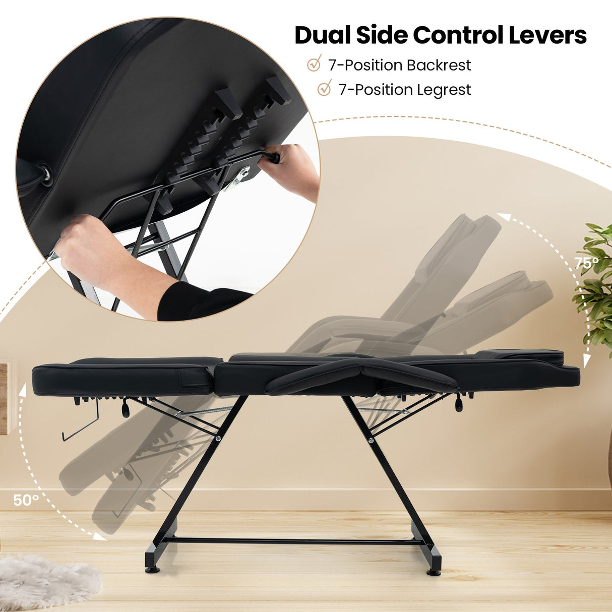 Juego de silla facial de 73 pulgadas con reposacabezas extraíble, reposabrazos desmontables y toallero - Negro