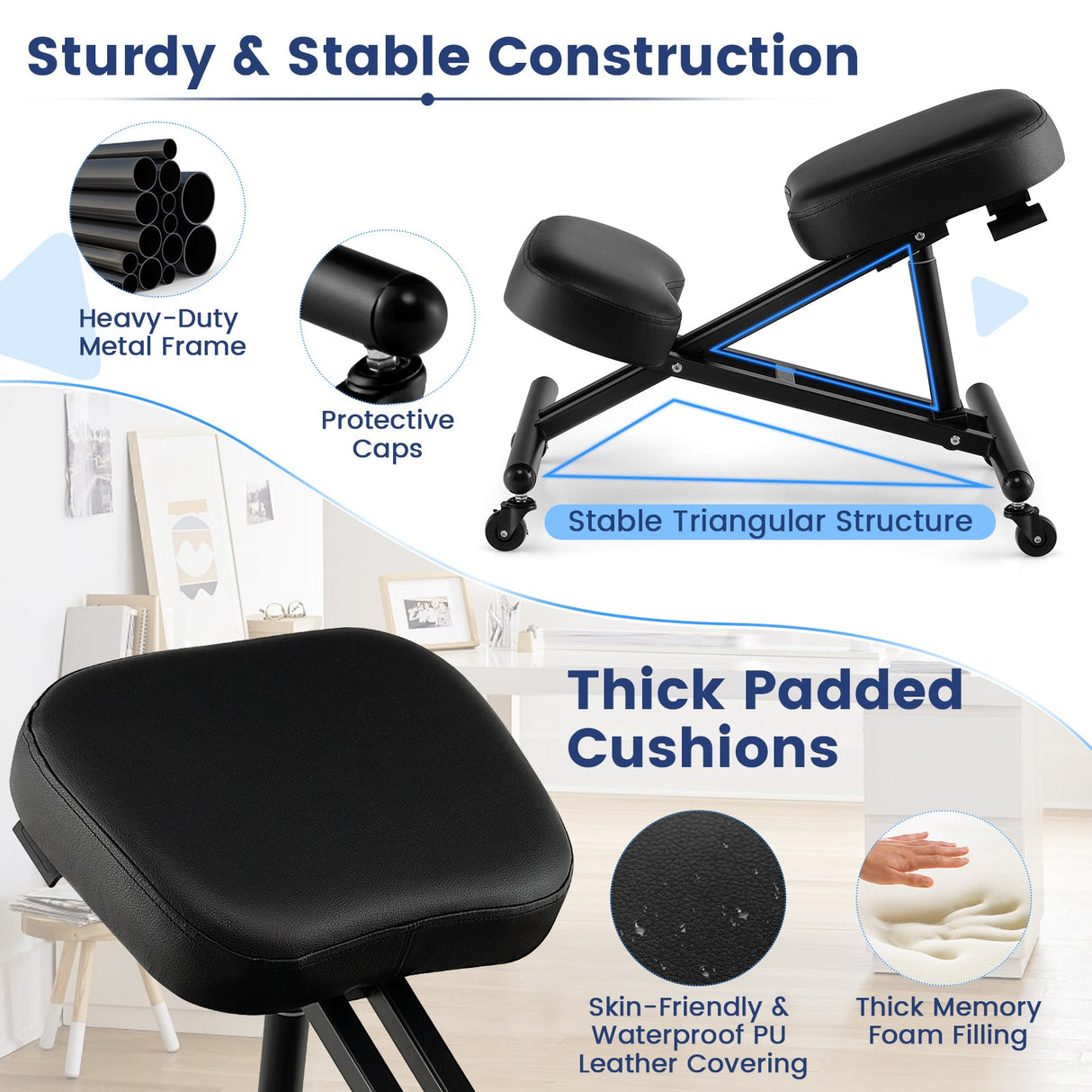 Silla Ergonómica Ajustable para Arrodillarse con Varilla de Resorte de Gas Mejorada y Cojines de Espuma Gruesos
