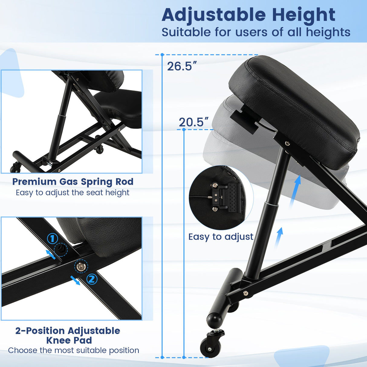 Silla Ergonómica Ajustable para Arrodillarse con Varilla de Resorte de Gas Mejorada y Cojines de Espuma Gruesos