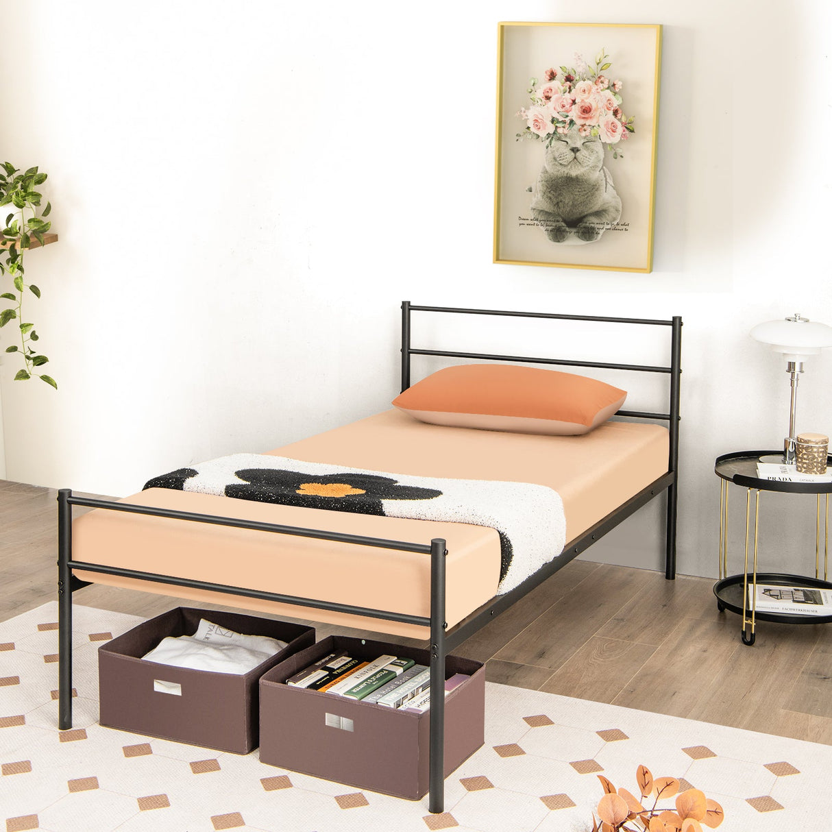 Base de cama de metal individual con plataforma y cabecera