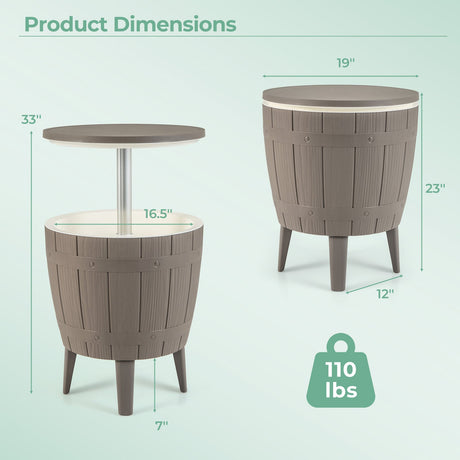Mesa de centro/bar de 10 galones para exteriores con cubitera y tapa telescópica para cerveza y vino