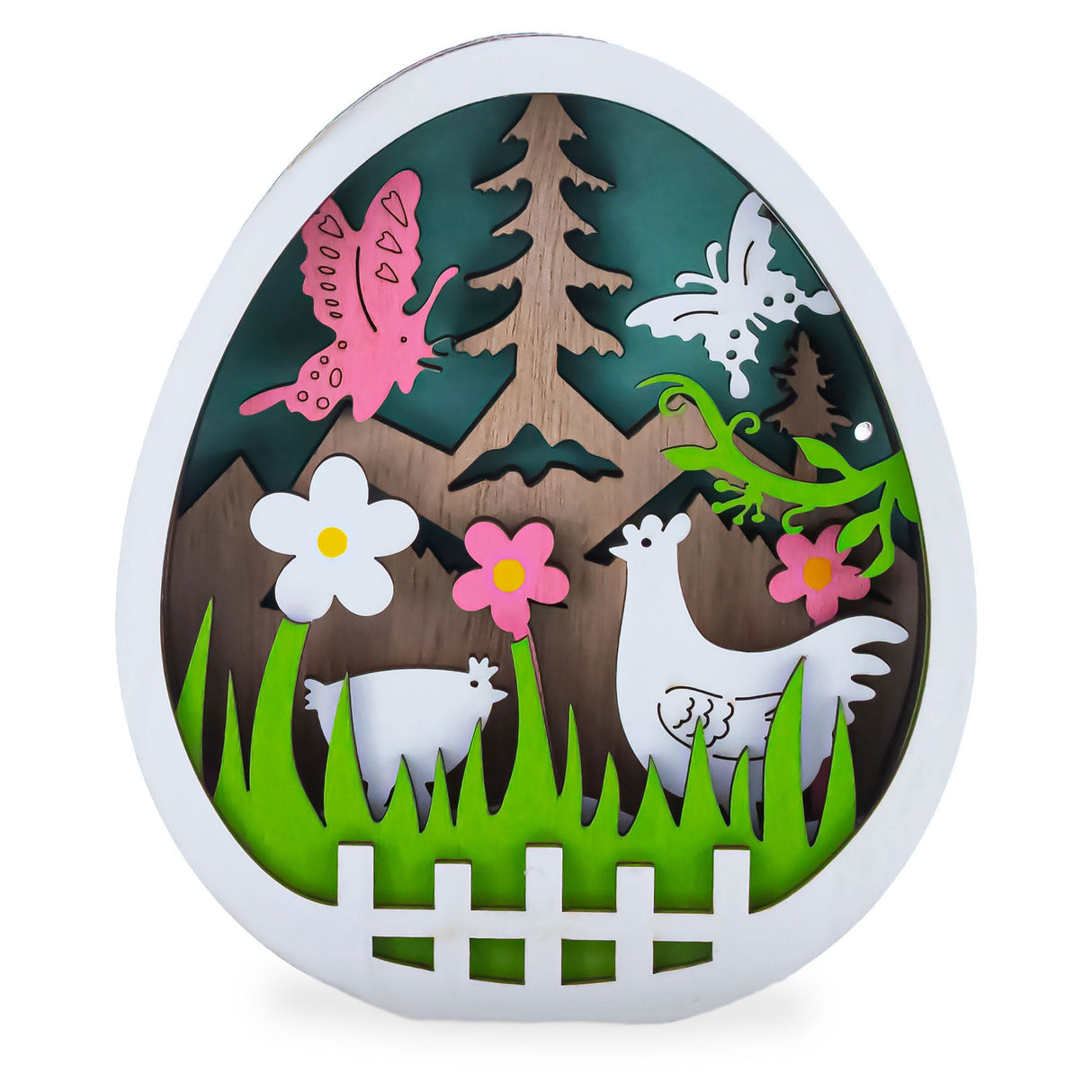 Egg Shape Spring Garden with Butterflies and Chicks Wooden Figurine