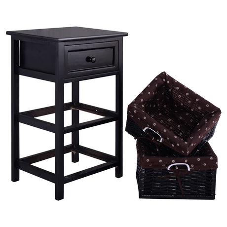 Mesa de Noche de Almacenamiento de Madera de 3 Niveles con 2 Cestas y 1 Cajón