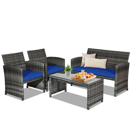 Juego de muebles de patio de ratán de 4 piezas con mesa de cristal y sofá de dos plazas - Gris