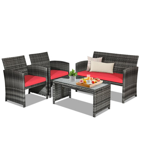 Juego de muebles de patio de ratán de 4 piezas con mesa de cristal y sofá de dos plazas - Gris