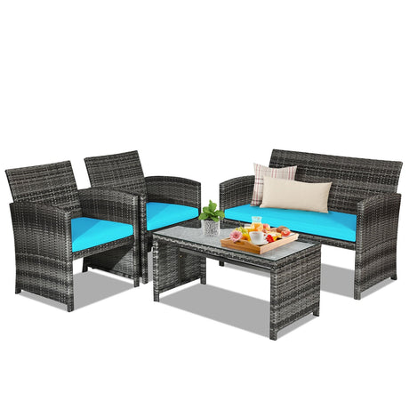 Juego de muebles de patio de ratán de 4 piezas con mesa de cristal y sofá de dos plazas - Gris