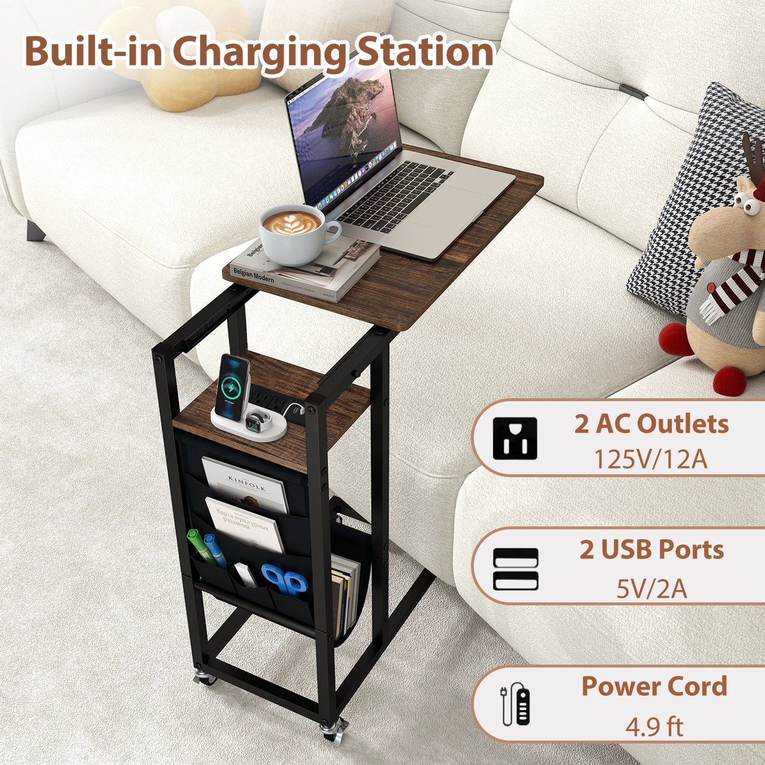 C-shaped End Table with Charging Station and Retractable Tabletop-Coffee