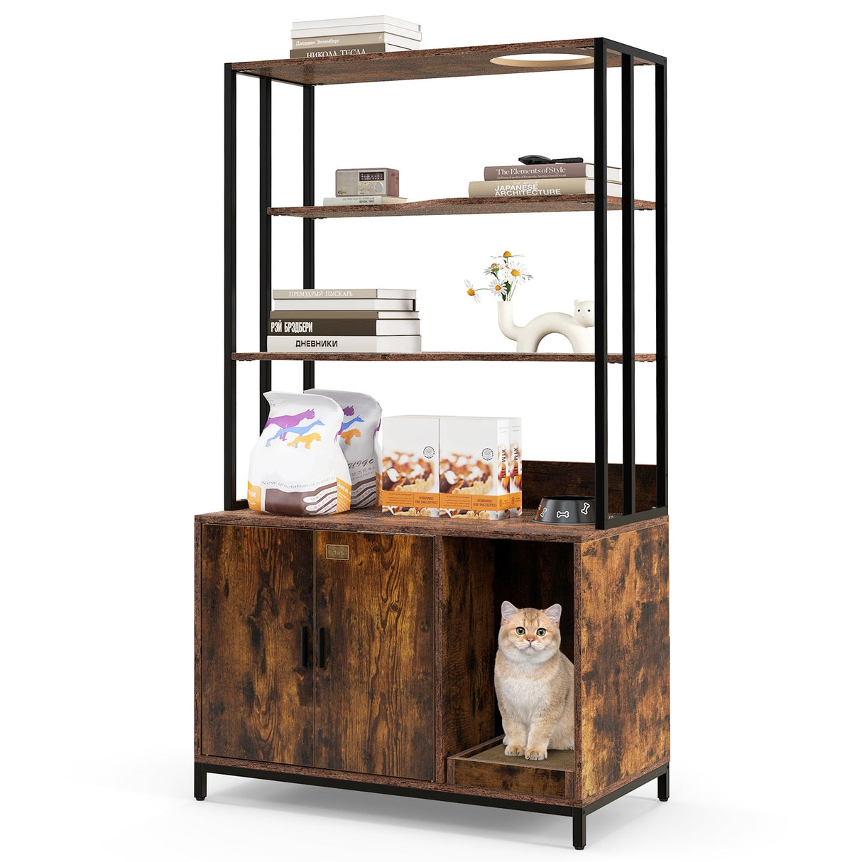 Caja arenera para gatos con almacenamiento y estantes de 3 niveles