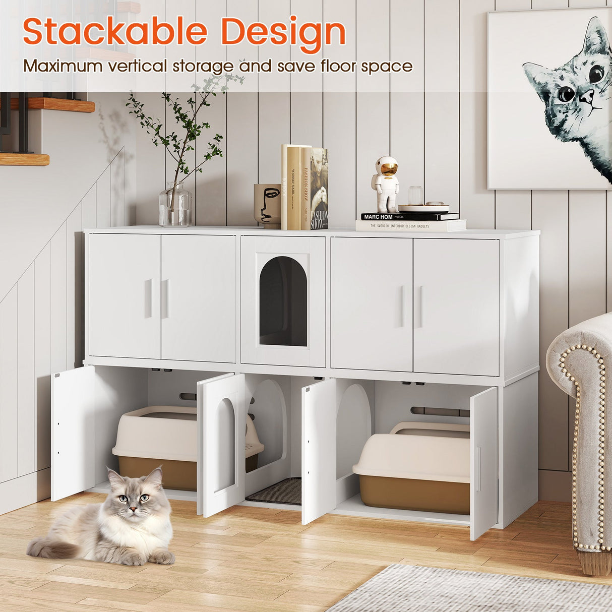 Cat Litter Box Enclosure for 2 Cats with Double Rooms and Sisal Scratching Mat-White